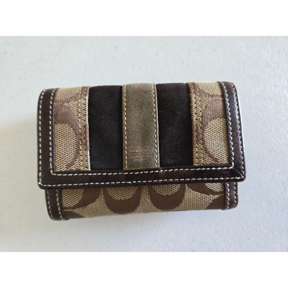 VTG Coach Signature C Monogram Trifold Wallet Brown Leather Suede Stripe Compact - Picture 8 of 8